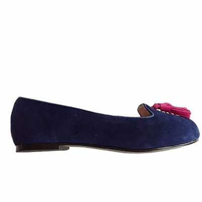 Caroline Dark Blue Suede Loafers with Pink Tassles