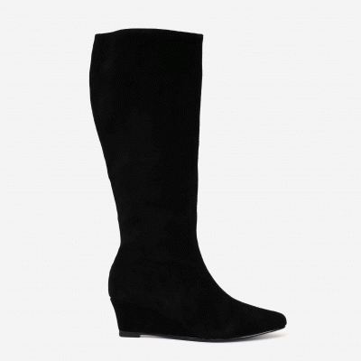 Camila Knee High Black Suede Wedge Heel Boots